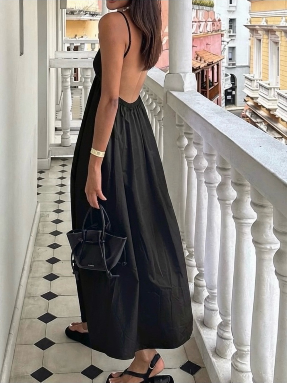 Commense Black Backless 100% Cotton Midi Maxi Dress Small NWT